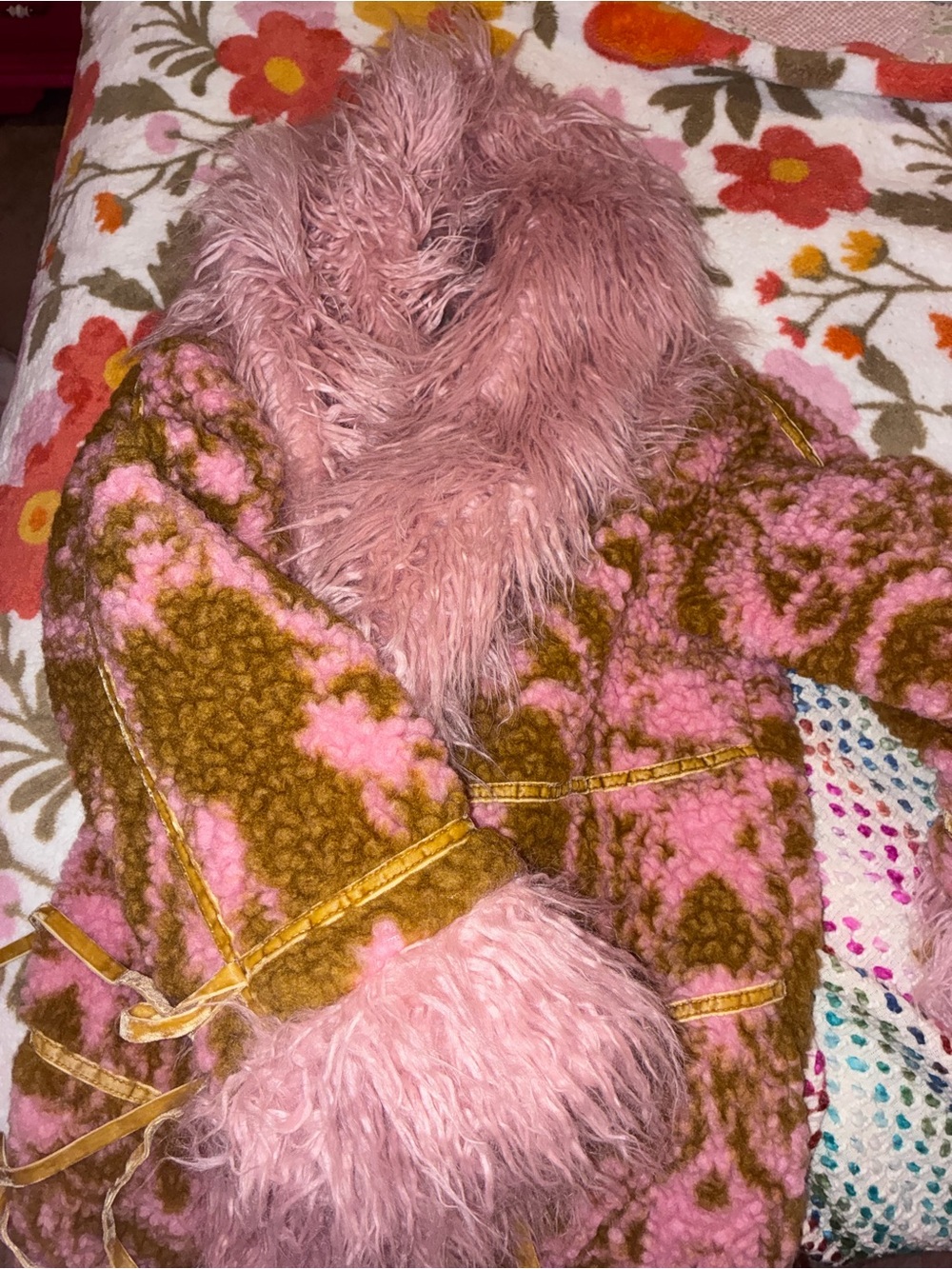 Free People Pink & Olive Floral Faux Fur Coat - Picture 4 of 9